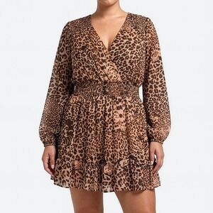 AQUA Leopard Mini Dress Brown Gold Metallic L 0X Smocked Waist Balloon Sleeve